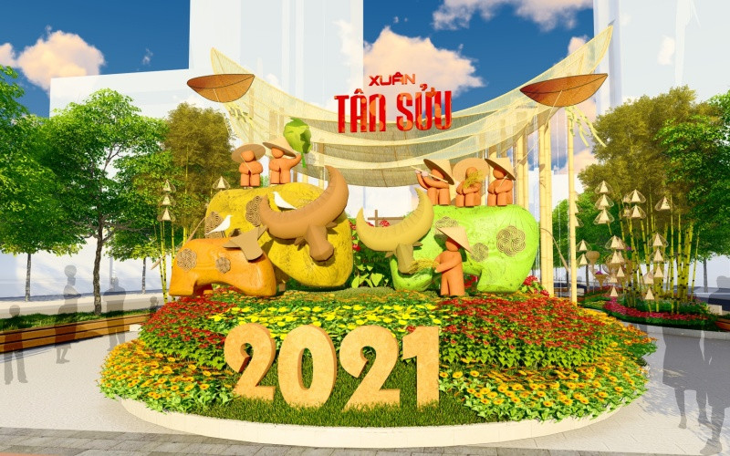 Cổng mở - gia đình trâu làm từ lá sen và có chuyển động cơ học.