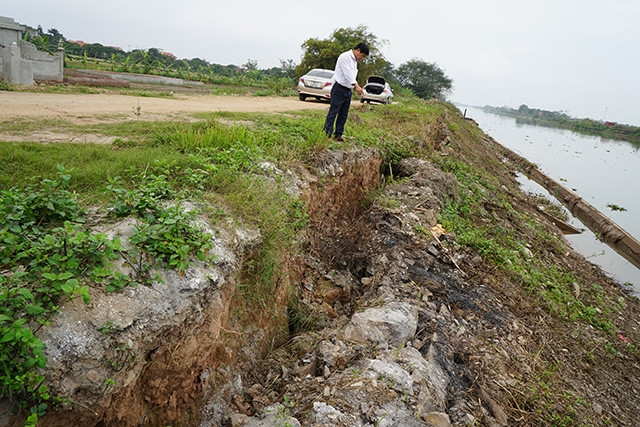 Tuyến đê hữu sông Vạc chạy qua xã Thượng Kiệm bị sạt lở nghiêm trọng.