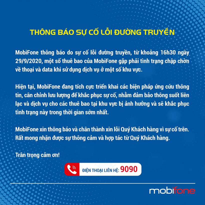 Thông báo sự cố lỗi đường truyền của MobiFone.