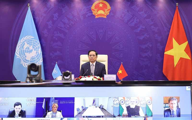 Thủ tướng Phạm Minh Chính phát biểu tại Phiên thảo luận mở Cấp cao của Hội đồng Bảo an Liên hợp quốc. (Ảnh: Dương Giang/TTXVN)