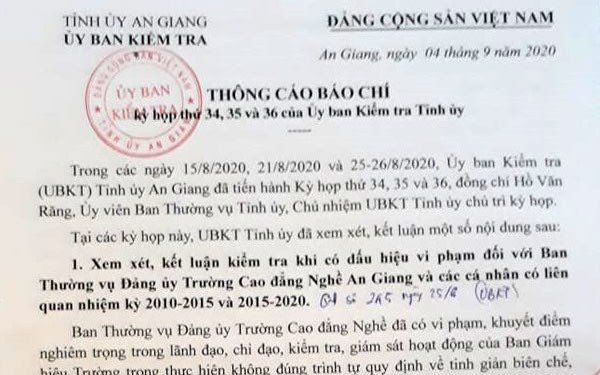 An Giang cảnh cáo và khiển trách sáu đảng viên