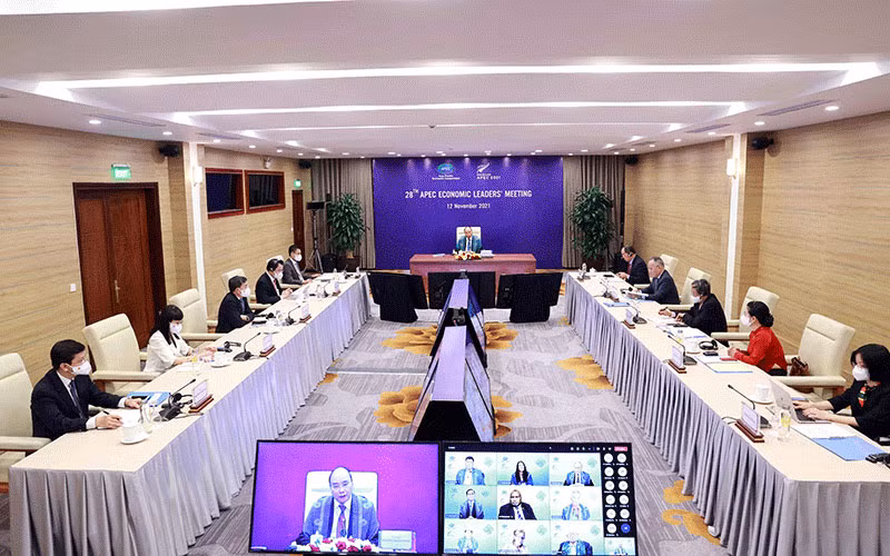 Chủ tịch nước Nguyễn Xuân Phúc phát biểu tại điểm cầu Hà Nội. Ảnh TTXVN 