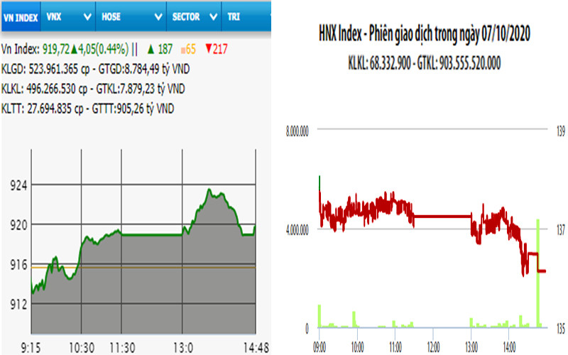 Diễn biến VN-Index và HNX-Index, phiên giao dịch ngày 7-10. 