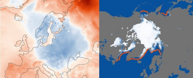 Nhiệt độ không khí bề mặt (bên trái) và mực nước biển (bên phải). Ảnh: C3S/ ECMWF.