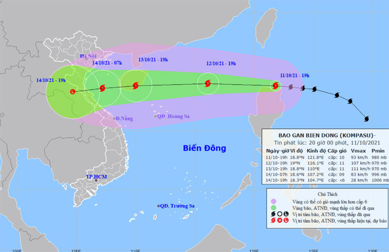 Vị trí và hướng di chuyển của bão Kompasu. (Nguồn: nchmf.gov.vn)