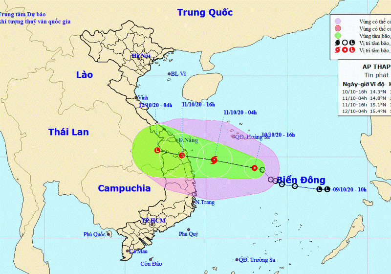 Vị trí và hướng di chuyển của áp thấp nhiệt đới. (Nguồn: kttv.gov.vn)