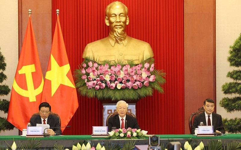 Tối 6/7, tại Trụ sở Trung ương Đảng, Tổng Bí thư Nguyễn Phú Trọng dẫn đầu Đoàn đại biểu cấp cao Đảng Cộng sản Việt Nam tham dự Hội nghị thượng đỉnh giữa Đảng Cộng sản Trung Quốc với các chính đảng trên thế giới. (Ảnh: TTXVN)