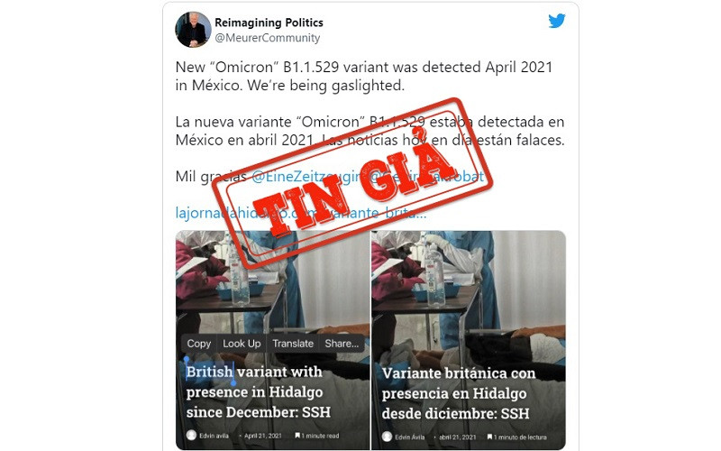 Ảnh chụp màn hình bài đăng trên mạng xã hội Twitter đưa tin sai lệch liên quan biến thể Omicron.