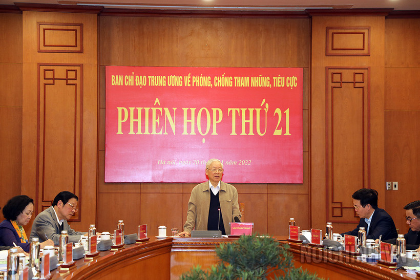 Tổng Bí thư Nguyễn Phú Trọng, Trưởng Ban Chỉ đạo Trung ương về phòng, chống tham nhũng, tiêu cực kết luận phiên họp thứ 21 của Ban Chỉ đạo. (Ảnh: noichinh.vn)