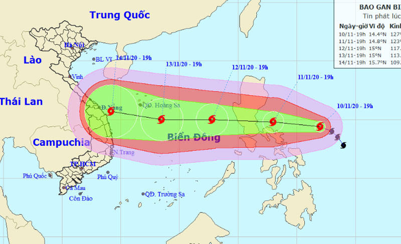 Vị trí và hướng di chuyển của bão Vamco. (Nguồn: nchmf.gov.vn)