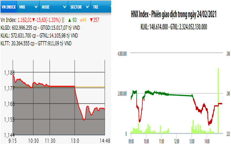 Diễn biến VN-Index và HNX-Index, phiên giao dịch ngày 24-2. 