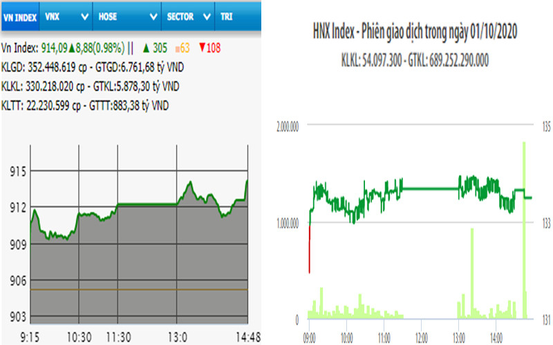 Diễn biến VN-Index và HNX-Index, phiên giao dịch ngày 1-10. 