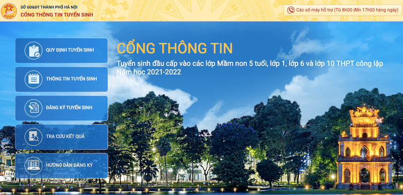 Hình ảnh trang Cổng thông tin tuyển sinh của Thành phố Hà Nội năm học 2021-2022