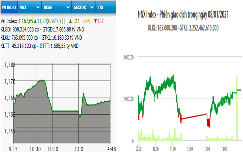 Diễn biến VN-Index và HNX-Index, phiên giao dịch ngày 8-1. 