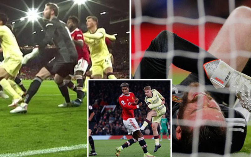 Tình huống ghi bàn của Emile Smith Rowe khi De Gea nằm sân. (Ảnh: DailyMail)