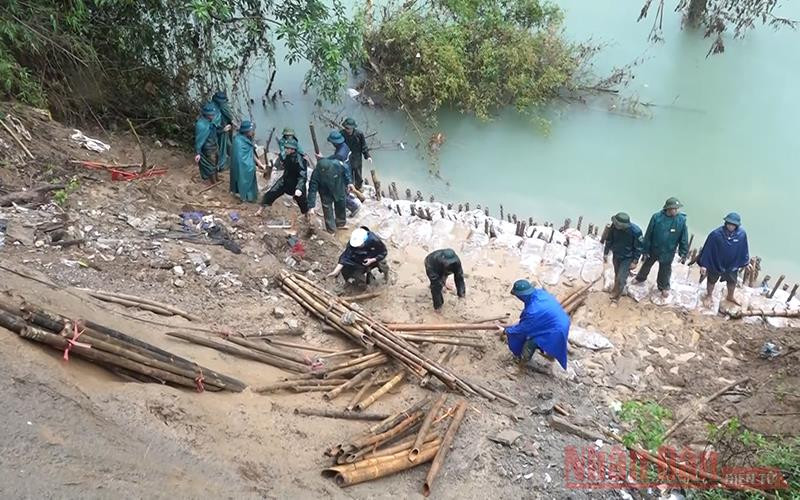 Lực lượng vũ trang gia cố điểm đê bao Thạch Định, ở huyện Thạch Thành bị sạt lở.