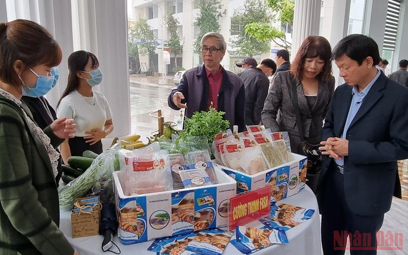 Gian trưng bày các sản phẩm từ cá của Công ty Cường Thịnh tại tọa đàm. (Ảnh: TRẦN HẢO)