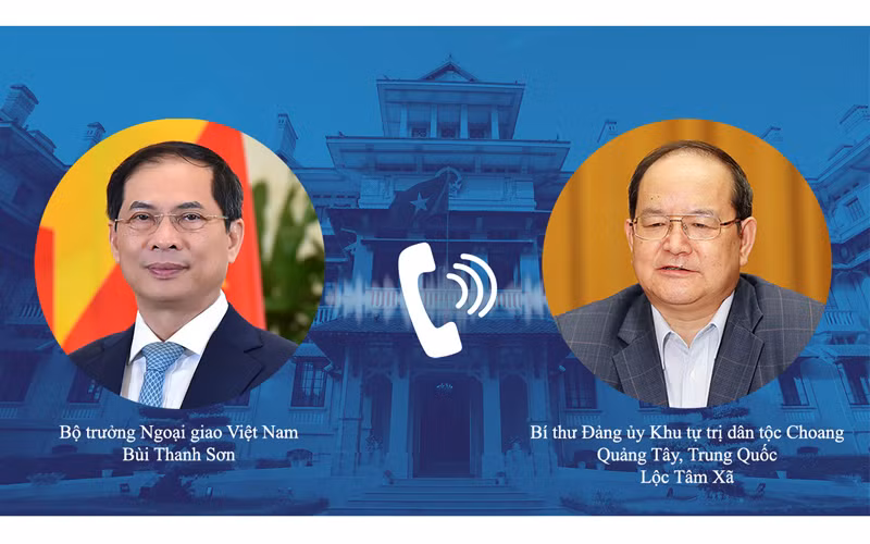 Bộ trưởng Ngoại giao Bùi Thanh Sơn điện đàm với Bí thư Đảng ủy Khu Tự trị dân tộc Choang Quảng Tây. (Ảnh: Bộ Ngoại giao)