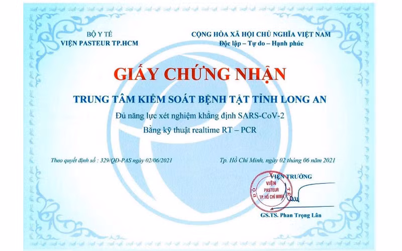 Trung tâm Kiểm soát bệnh tật tỉnh Long An được phép xét nghiệm khẳng định SARS-CoV-2.