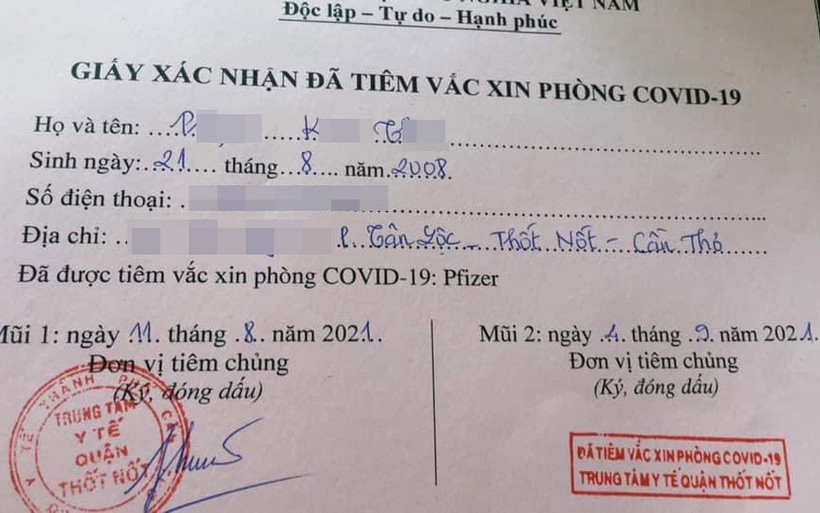 Giấy xác nhận tiêm chủng 2 mũi vaccine Pfizer của bé gái 13 tuổi ở Cần Thơ.