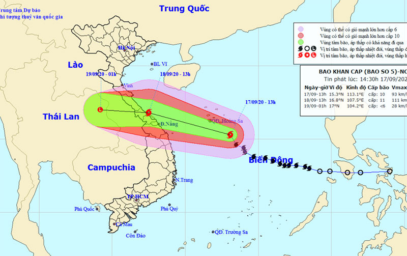 Vị trí và hướng di chuyển của bão số 5. (Nguồn: kttv.gov.vn)