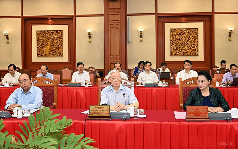 Tổng Bí thư, Chủ tịch nước Nguyễn Phú Trọng phát biểu tại buổi làm việc giữa tập thể Bộ Chính trị với Ban Thường vụ Thành ủy Hà Nội. Ảnh: Duy Linh.