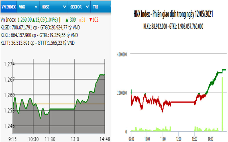 Diễn biến VN-Index và HNX-Index, phiên giao dịch ngày 12-5. 
