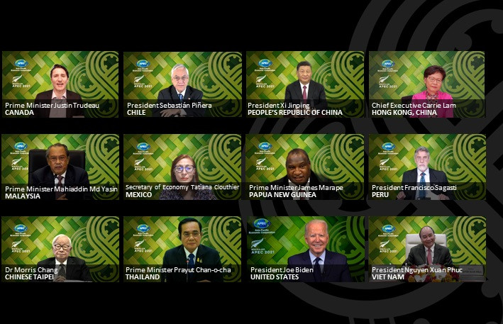 Chủ tịch nước Nguyễn Xuân Phúc và các nhà lãnh đạo các nền kinh tế APEC tại hội nghị không chính thức tháng 7/2021. Ảnh: APEC 2021.