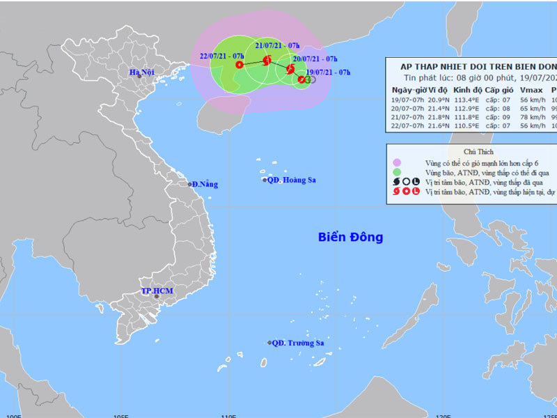 Vị trí và hướng di chuyển của áp thấp nhiệt đới. (Nguồn: nchmf.gov.vn)