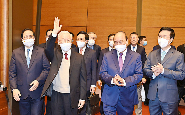 Tổng Bí thư Nguyễn Phú Trọng, Chủ tịch nước Nguyễn Xuân Phúc, Thủ tướng Chính phủ Phạm Minh Chính và các đại biểu dự hội nghị. Ảnh: ĐĂNG KHOA