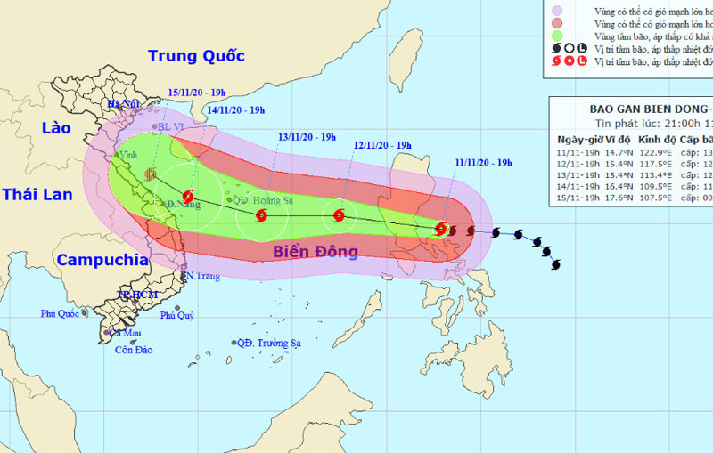 Vị trí và hướng di chuyển của bão Vamco. (Nguồn: nchmf.gov.vn)