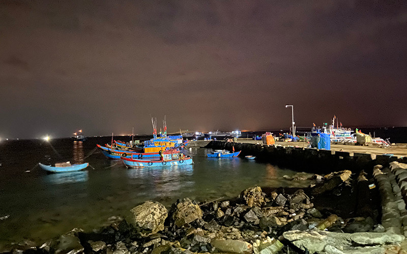 Cảng cá Lý Sơn về đêm, trước những chuyến ra khơi từ tờ mờ sáng.