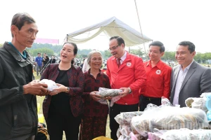 Phó Bí thư Tỉnh ủy Quảng Ngãi Đinh Thị Hồng Minh trao quà Tết cho người nghèo.