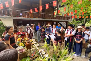 Một số du khách cùng chủ homestay cùng thực hiện mâm cơm đồng bào để dự thi trong kỳ nghỉ ở làng du lịch thác A Nôr, A Lưới 1.
