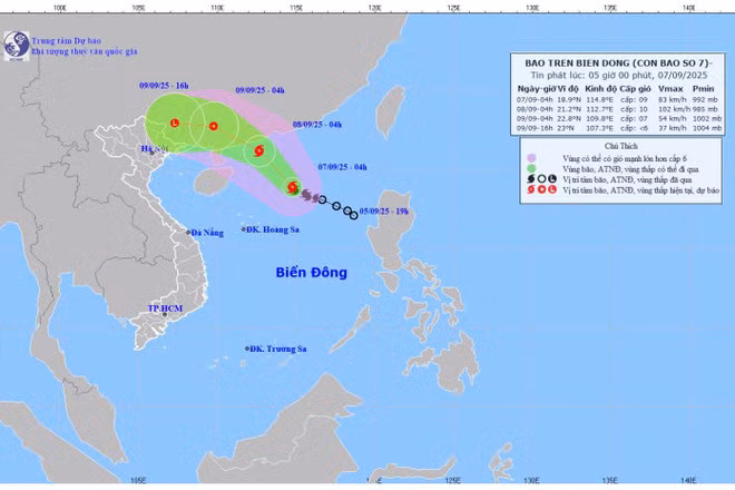 Bản đồ dự báo quỹ đạo và cường độ bão lúc 5 giờ sáng 7/9/2025. (Ảnh: Trung tâm Dự báo khí tượng thủy văn quốc gia)