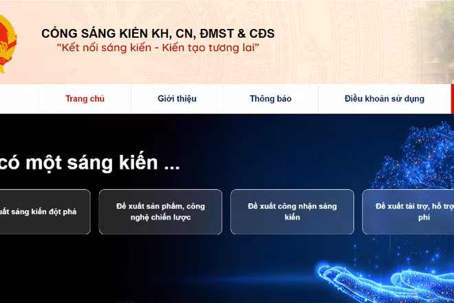 Giao diện của Cổng sáng kiến tiếp nhận và lan tỏa sáng kiến khoa học, công nghệ, đổi mới sáng tạo và chuyển đổi số.