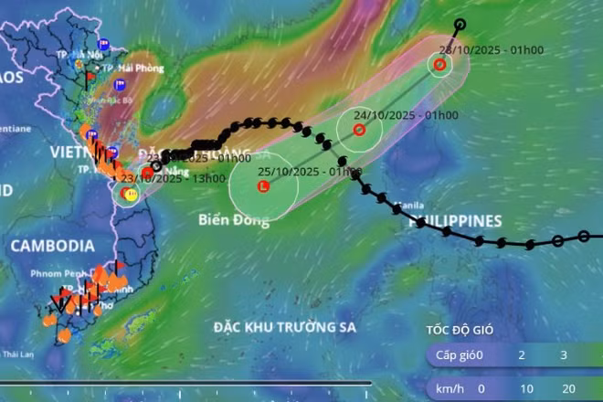 Cập nhật hướng di chuyển của áp thấp nhiệt đới suy yếu từ cơn bão số 12 lúc 7 giờ 30 phút sáng 23/10. (Nguồn: Hệ thống Giám sát thiên tai Việt Nam)