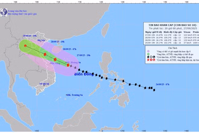 Bản đồ dự báo quỹ đạo và cường độ bão số 10 phát lúc 20 giờ ngày 27/9/2025. (Ảnh: Trung tâm Dự báo khí tượng thủy văn quốc gia) 