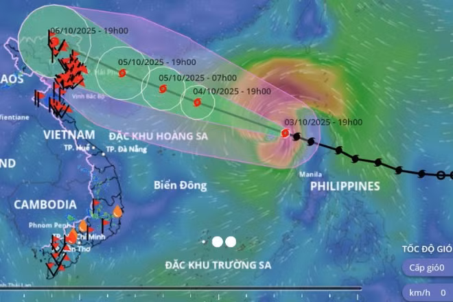 Hướng di chuyển và cường độ bão số 11 lúc 20 giờ ngày 3/10/2025. (Nguồn: Hệ thống Giám sát thiên tai Việt Nam)