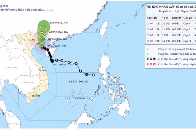 Bản đồ dự báo quỹ đạo của bão số 1 lúc 11 giờ trưa 4/7/2026. (Nguồn: Trung tâm Dự báo khí tượng thủy văn quốc gia)
