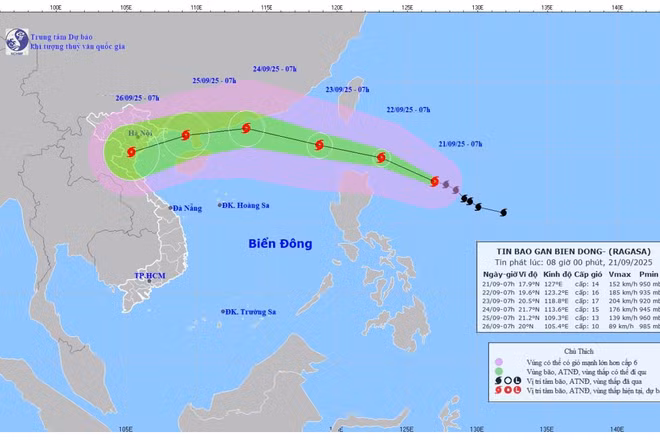 Bản đồ dự báo quỹ đạo và cường độ bão số 9 phát lúc 8 giờ ngày 21/9/2025. (Ảnh: Trung tâm Dự báo khí tượng thủy văn quốc gia)