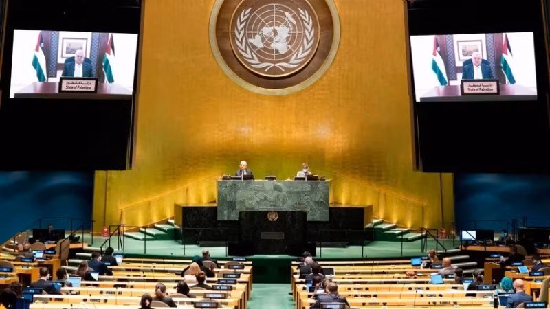Tổng thống Palestine Mahmoud Abbas phát biểu qua video tại một cuộc họp của Đại hội đồng Liên hợp quốc. (Ảnh: UN)