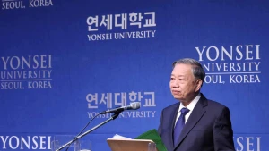 Tổng Bí thư Tô Lâm phát biểu chính sách tại Trường Đại học Yonsei. (Ảnh: Thống Nhất-TTXVN) 