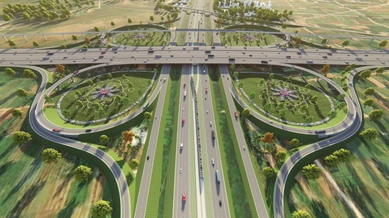 Phối cảnh nút giao đại lộ Thăng Long, một trong 8 nút giao liên thông của Dự án đường Vành đai 4 - Vùng Thủ đô.