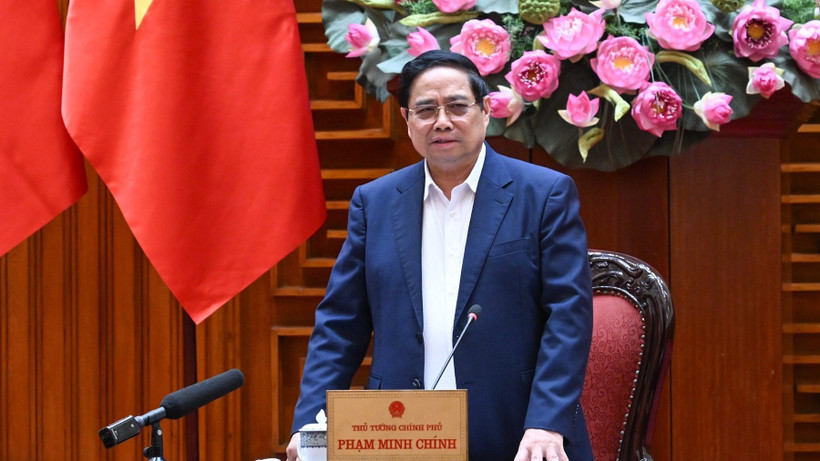 Thủ tướng Chính phủ Phạm Minh Chính phát biểu ý kiến chỉ đạo cuộc làm việc với Bộ Quốc phòng. (Ảnh: TRẦN HẢI)