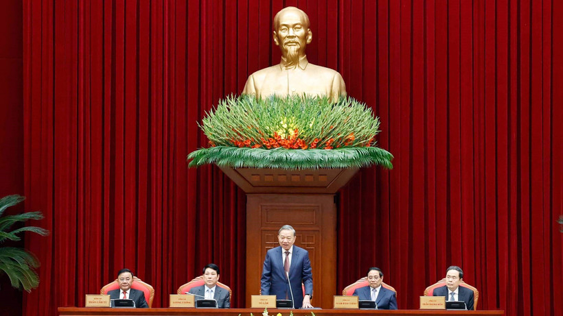 Tổng Bí thư Tô Lâm và các đồng chí lãnh đạo Đảng, Nhà nước tại cuộc gặp mặt. (Ảnh: TTXVN)