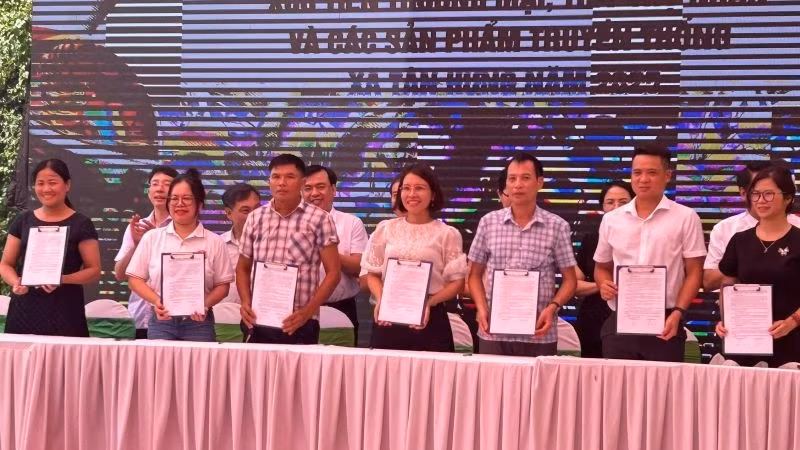 Lễ ký kết tiêu thụ nhãn giữa doanh nghiệp và các hợp tác xã ở hội nghị xúc tiến thương mại xã Tân Hưng, tỉnh Hưng Yên.