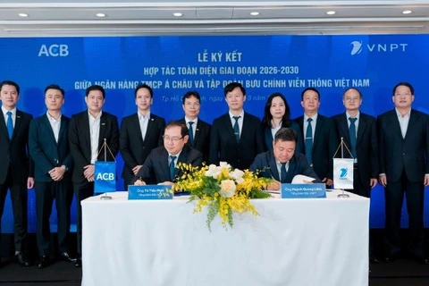 Lãnh đạo ACB và VNPT thực hiện nghi thức ký kết thỏa thuận hợp tác toàn diện giai đoạn 2026-2030.
