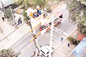 Cán bộ Đội sửa chữa Hotline Công ty Điện lực Tuyên Quang ứng dụng công nghệ sửa chữa không cần cắt điện trên lưới điện 22 kV. 