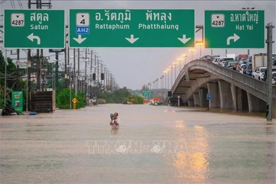 Cảnh ngập lụt sau những trận mưa lớn tại tỉnh Songkhla, Thái Lan. (Ảnh: THX/TTXVN)